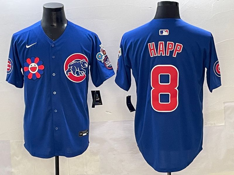 Men 2025 Chicago Cubs 8 Happ Blue Flower Edition Nike MLB Jersey style 51